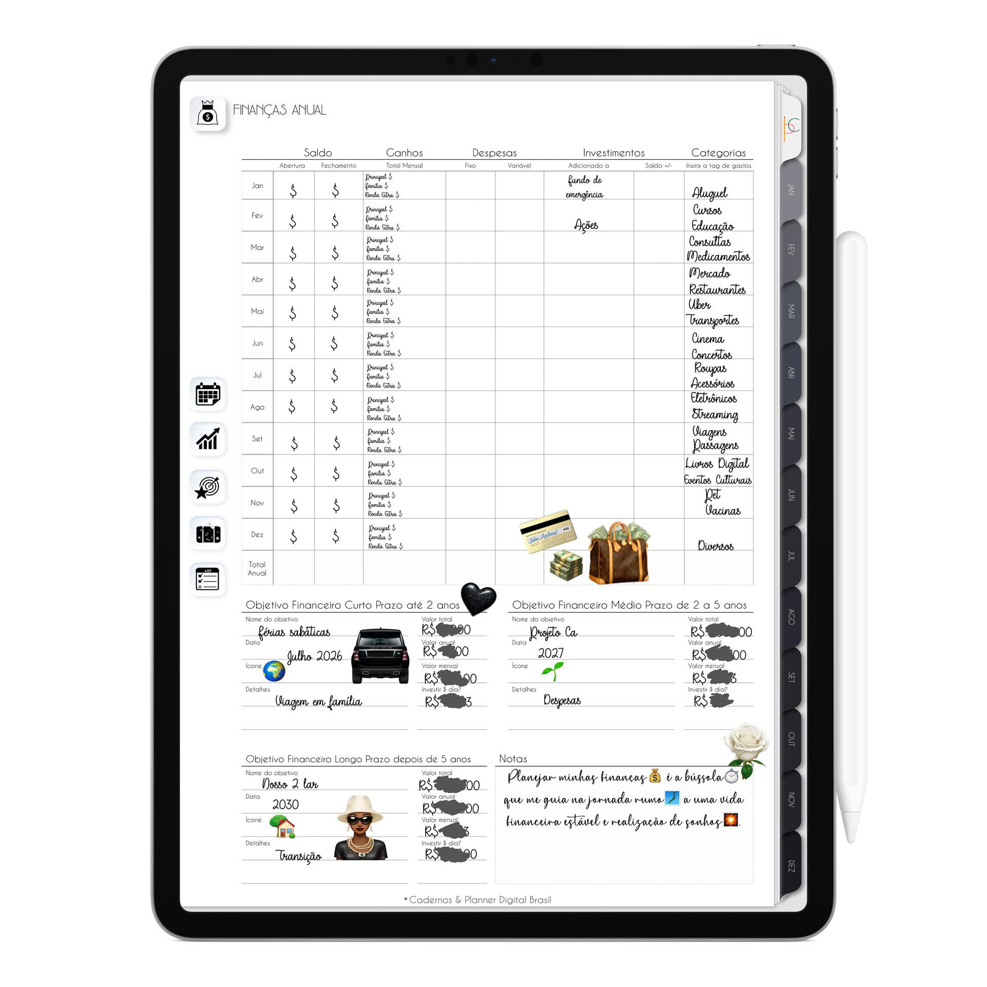 Planner Financeiro de finanças anual do Planner Digital 2026 Executivo Vertical da Cadernos & Planner Digital Brasil visualizada em um iPad ou Tablet Android, compatível com GoodNotes e Notein.
