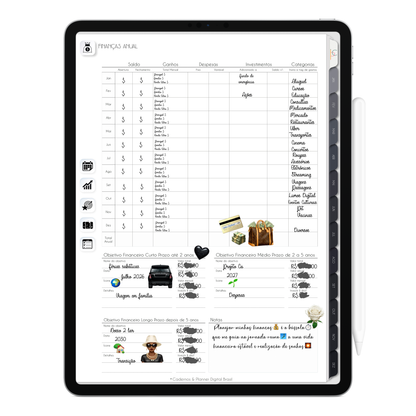 Planner Financeiro de finanças anual do Planner Digital 2026 Executivo Vertical da Cadernos & Planner Digital Brasil visualizada em um iPad ou Tablet Android, compatível com GoodNotes e Notein.