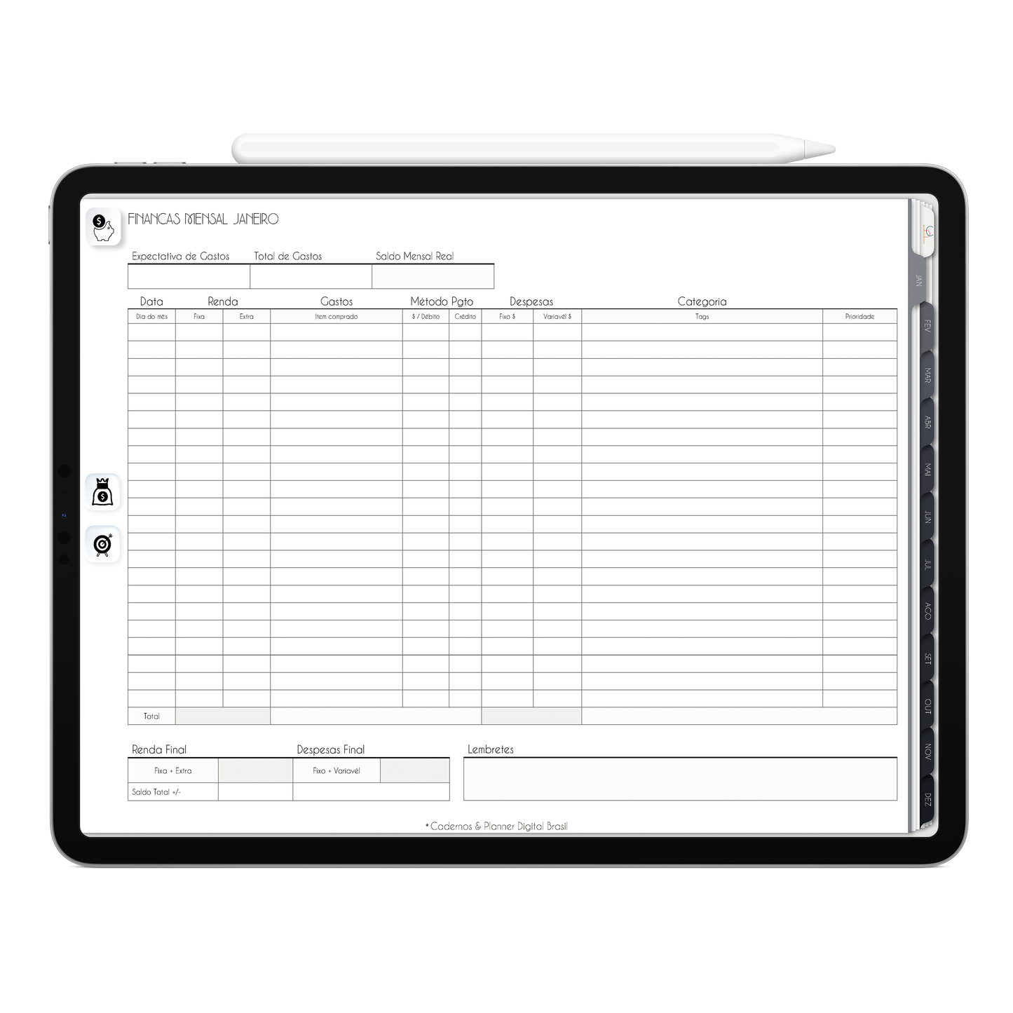 Planner Financeiro mensal, controle das finanças no Planner Digital 2026 Executivo Horizontal da Cadernos & Planner Digital Brasil visualizada em um iPad ou Tablet Android, compatível com GoodNotes e Notein.