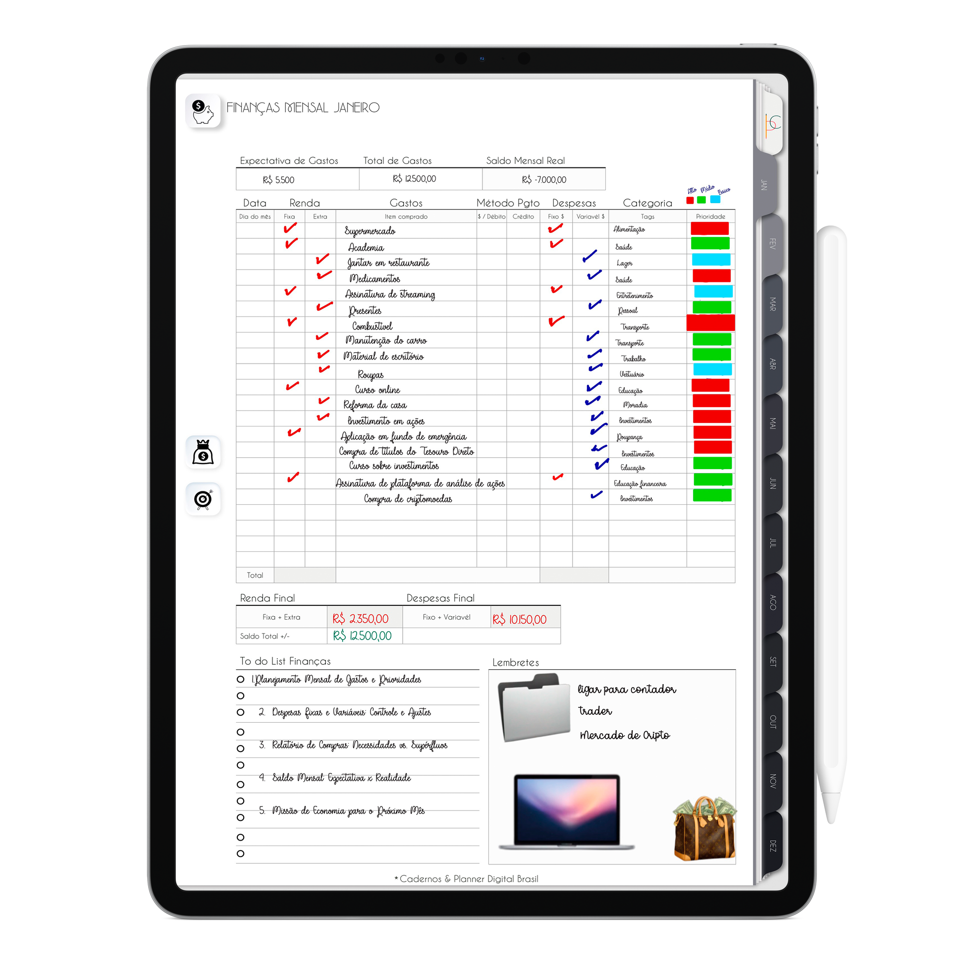 Planner Financeiro mensal, controle das finanças no Planner Digital 2026 Executivo Vertical da Cadernos & Planner Digital Brasil visualizada em um iPad ou Tablet Android, compatível com GoodNotes e Notein.