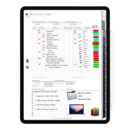 Planner Financeiro mensal, controle das finanças no Planner Digital 2026 Executivo Vertical da Cadernos & Planner Digital Brasil visualizada em um iPad ou Tablet Android, compatível com GoodNotes e Notein.