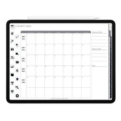Planner Mensal, calendário mensal com botões e abas clicavéis do Planner Digital 2026 Executivo Horizontal da Cadernos & Planner Digital Brasil visualizada em um iPad ou Tablet Android, compatível com GoodNotes e Notein.