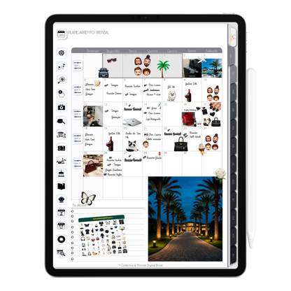 Planner Mensal, calendário mensal com botões e abas clicavéis do Planner Digital 2026 Executivo Vertical da Cadernos & Planner Digital Brasil visualizada em um iPad ou Tablet Android, compatível com GoodNotes e Notein.