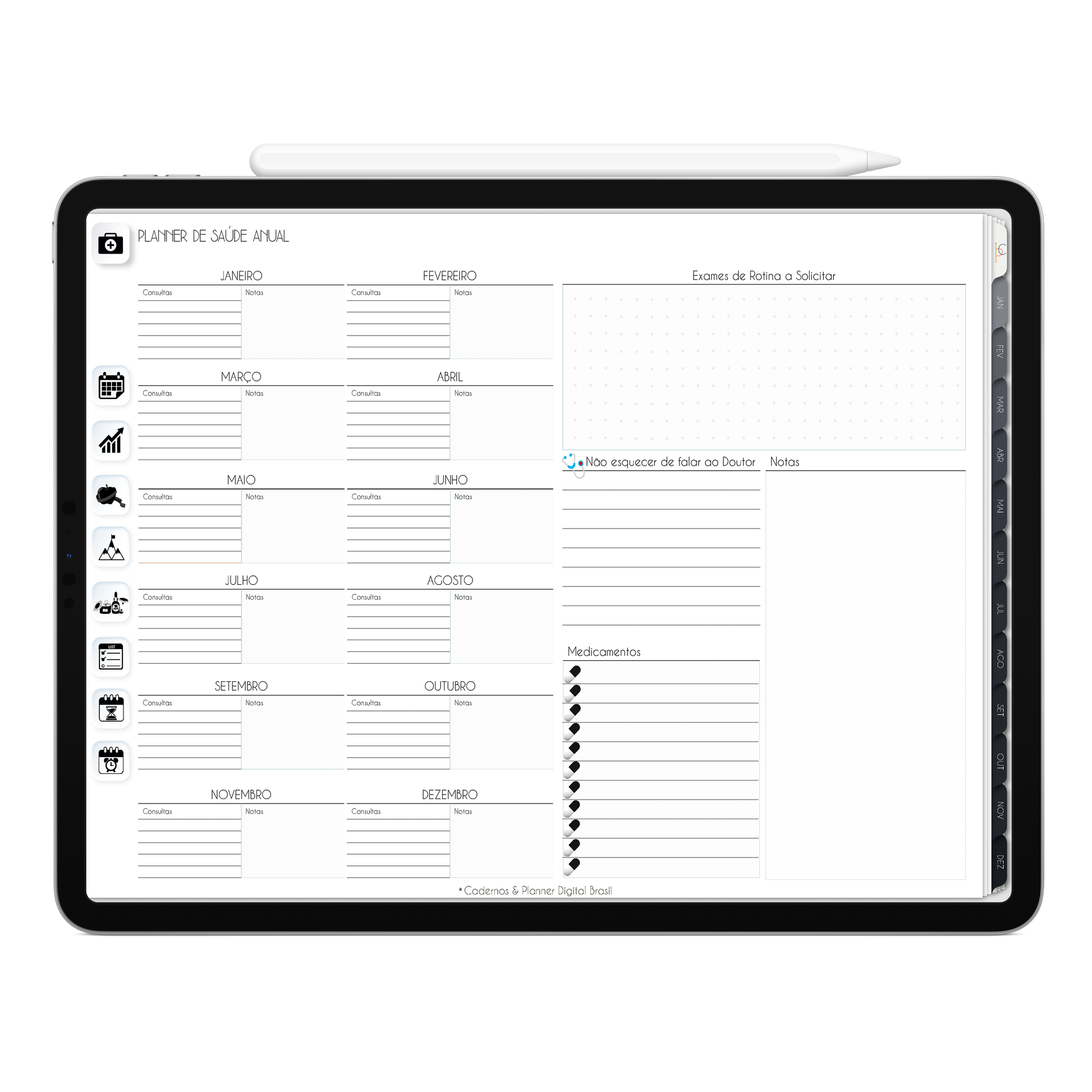 Planner de Saúde Anual do Planner Digital 2026 Executivo Horizontal da Cadernos & Planner Digital Brasil visualizada em um iPad ou Tablet Android, compatível com GoodNotes e Notein.