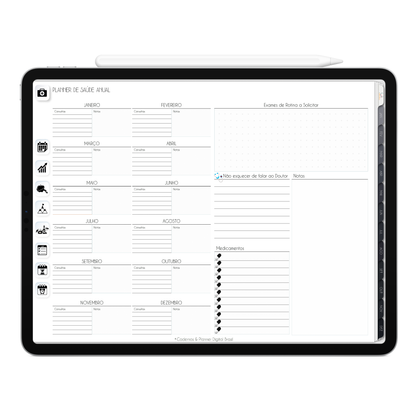 Planner de Saúde Anual do Planner Digital 2026 Executivo Horizontal da Cadernos & Planner Digital Brasil visualizada em um iPad ou Tablet Android, compatível com GoodNotes e Notein.