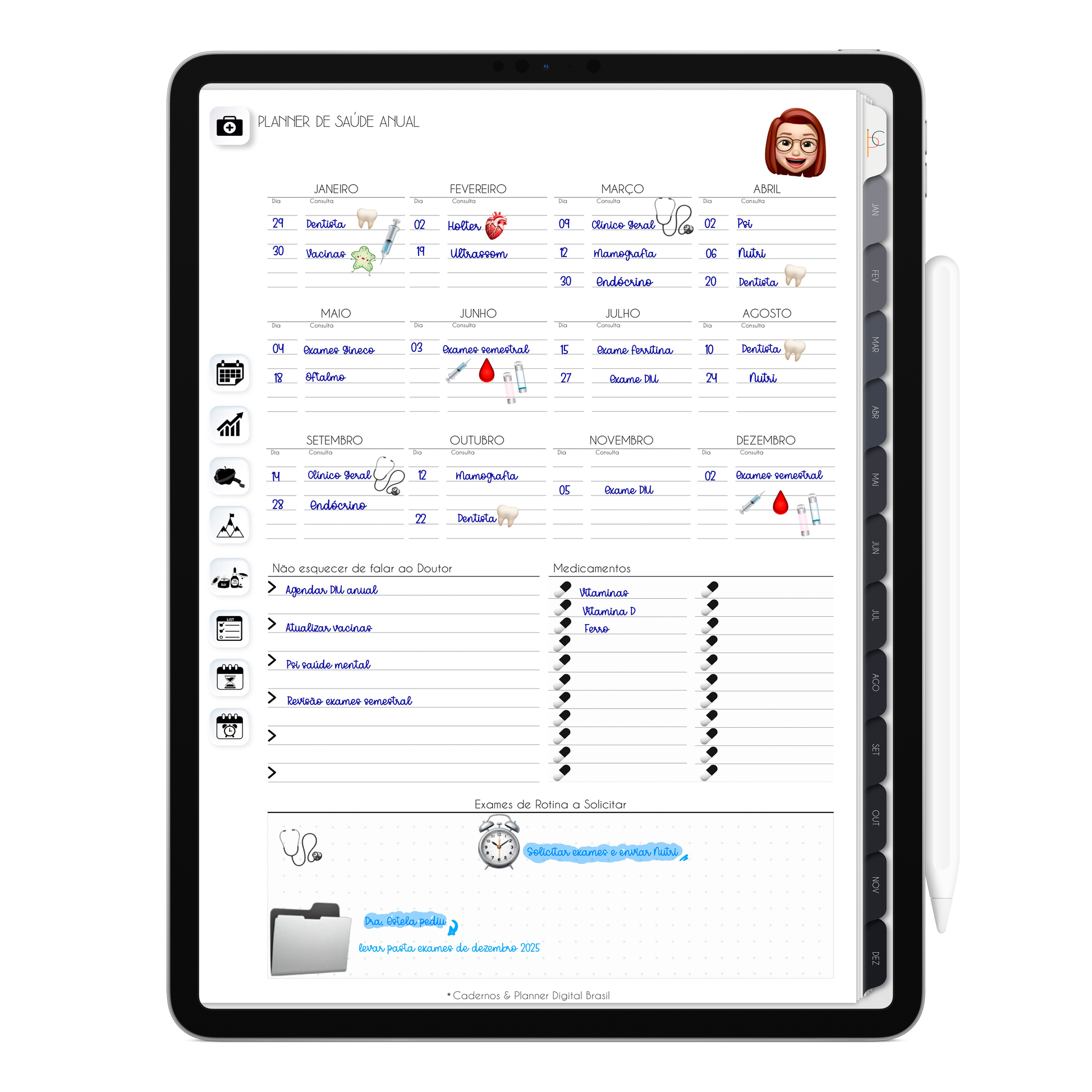 Planner de Saúde Anual do Planner Digital 2026 Executivo Vertical da Cadernos & Planner Digital Brasil visualizada em um iPad ou Tablet Android, compatível com GoodNotes e Notein.