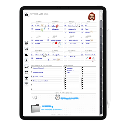 Planner de Saúde Anual do Planner Digital 2026 Executivo Vertical da Cadernos & Planner Digital Brasil visualizada em um iPad ou Tablet Android, compatível com GoodNotes e Notein.