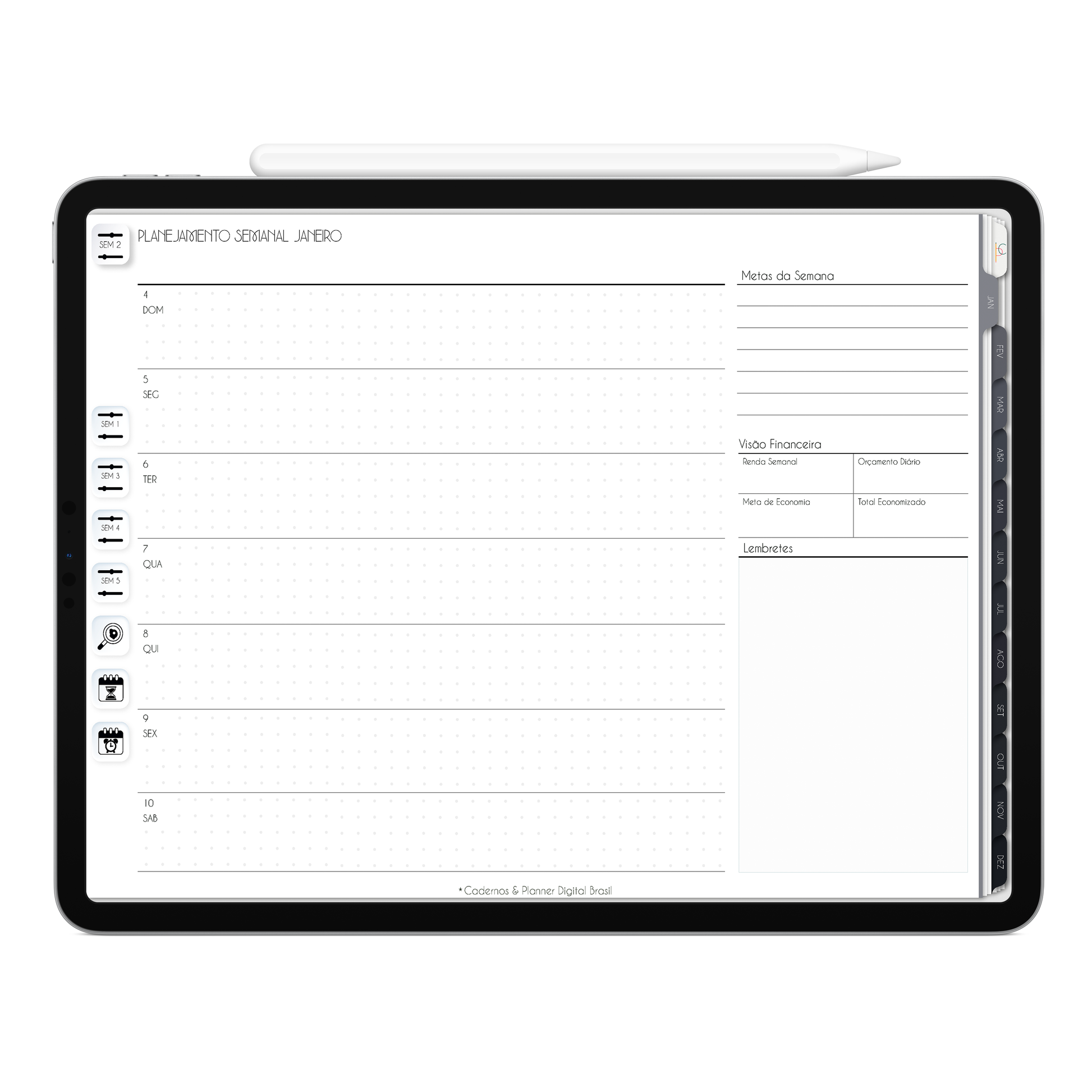 Planner Semanal com Apple calendar e Google agenda do Planner Digital 2026 Executivo Horizontal da Cadernos & Planner Digital Brasil visualizada em um iPad ou Tablet Android, compatível com GoodNotes e Notein.