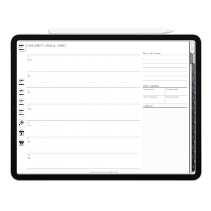 Planner Semanal com Apple calendar e Google agenda do Planner Digital 2026 Executivo Horizontal da Cadernos & Planner Digital Brasil visualizada em um iPad ou Tablet Android, compatível com GoodNotes e Notein.
