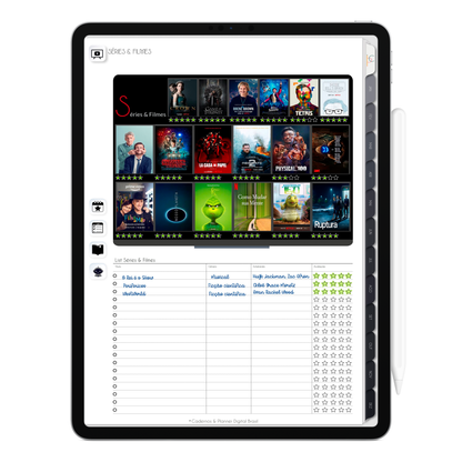 Planner de registro de séries e filmes favoritos do Planner Digital 2026 Executivo Vertical da Cadernos & Planner Digital Brasil visualizada em um iPad ou Tablet Android, compatível com GoodNotes e Notein.