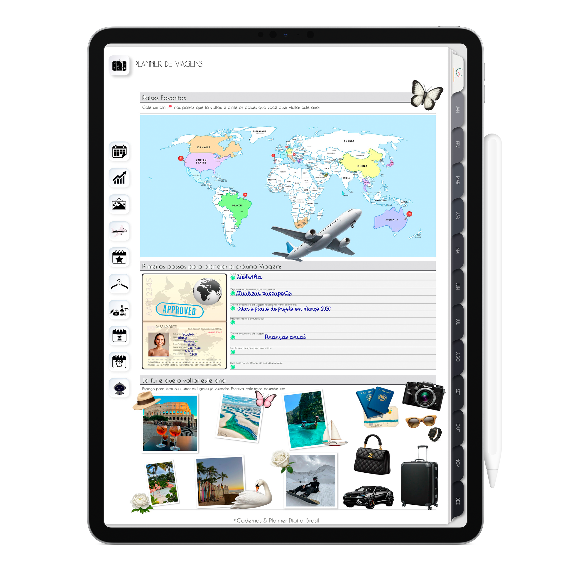 Planner de Viagens do Planner Digital 2026 Executivo Vertical da Cadernos & Planner Digital Brasil visualizada em um iPad ou Tablet Android, compatível com GoodNotes e Notein.