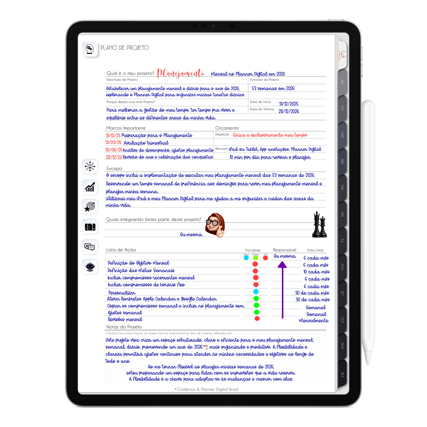 Plano de Projeto do Planner Digital 2026 Executivo Vertical da Cadernos & Planner Digital Brasil visualizada em um iPad ou Tablet Android, compatível com GoodNotes e Notein.