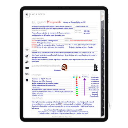 Plano de Projeto do Planner Digital 2026 Executivo Vertical da Cadernos & Planner Digital Brasil visualizada em um iPad ou Tablet Android, compatível com GoodNotes e Notein.