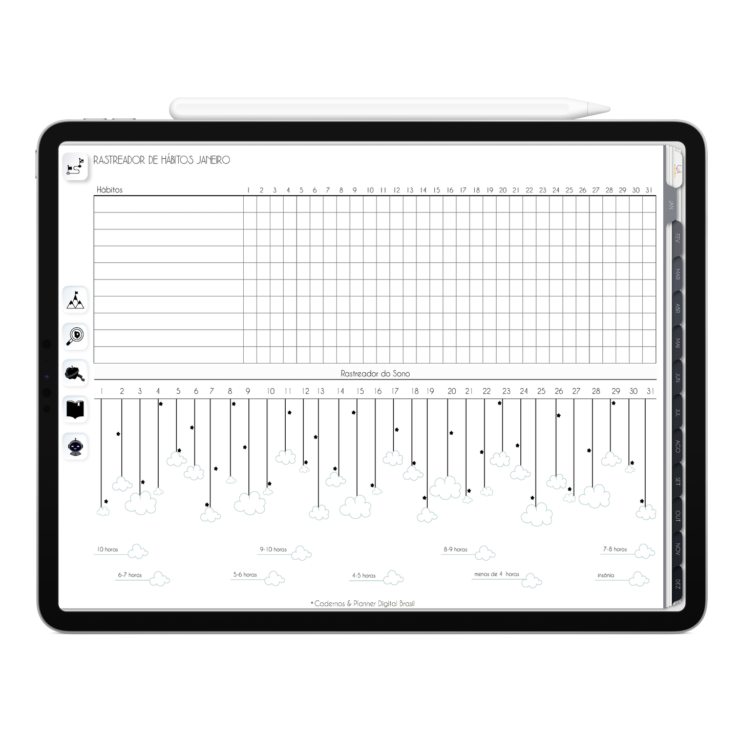 Planner rastreador de hábitos mensal, rastreador do sono e finanças do Planner Digital 2026 Executivo Vertical da Cadernos & Planner Digital Brasil visualizada em um iPad ou Tablet Android, compatível com GoodNotes e Notein.
