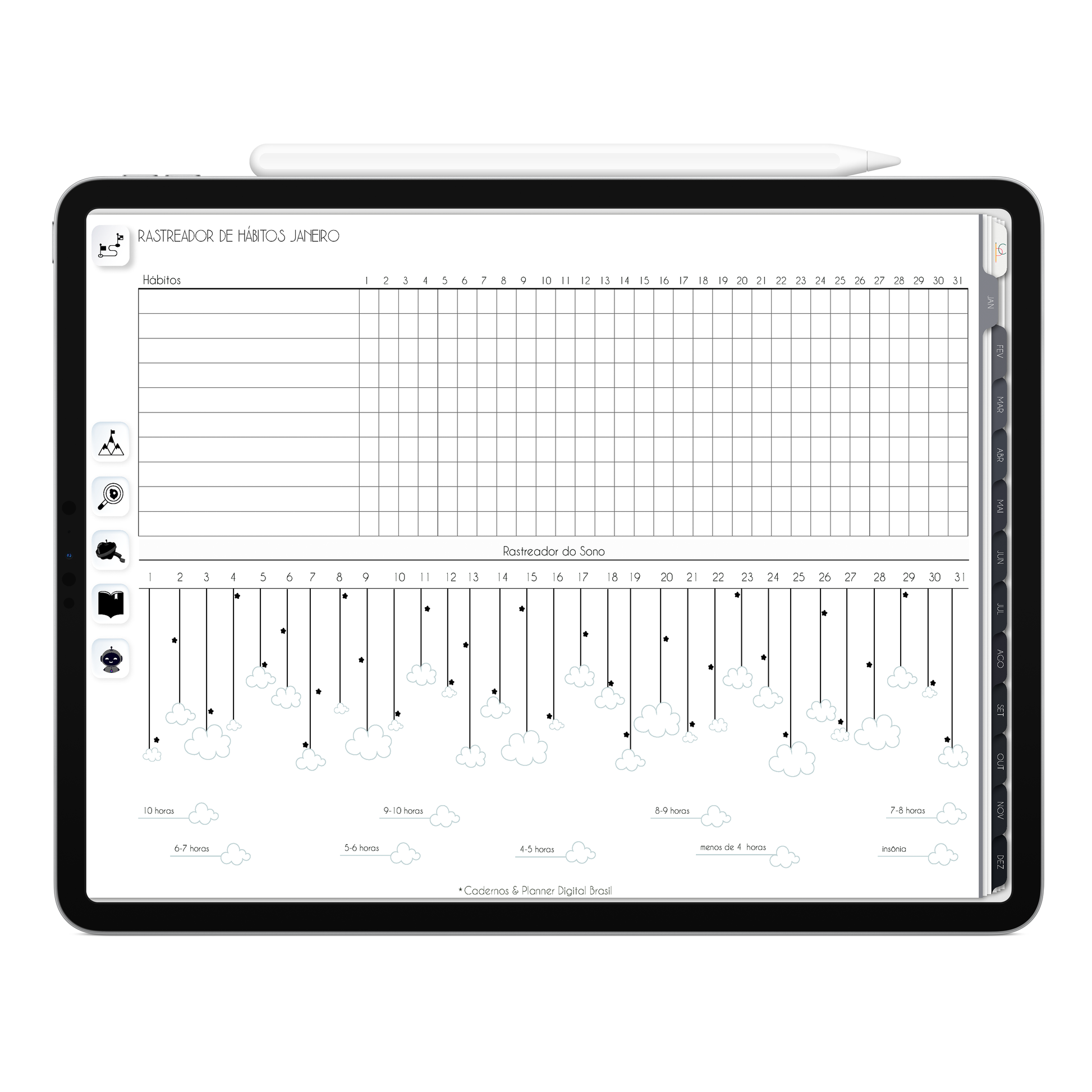 Planner rastreador de hábitos mensal, rastreador do sono e finanças do Planner Digital 2026 Executivo Vertical da Cadernos & Planner Digital Brasil visualizada em um iPad ou Tablet Android, compatível com GoodNotes e Notein.