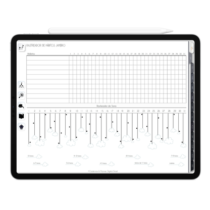 Planner rastreador de hábitos mensal, rastreador do sono e finanças do Planner Digital 2026 Executivo Vertical da Cadernos & Planner Digital Brasil visualizada em um iPad ou Tablet Android, compatível com GoodNotes e Notein.