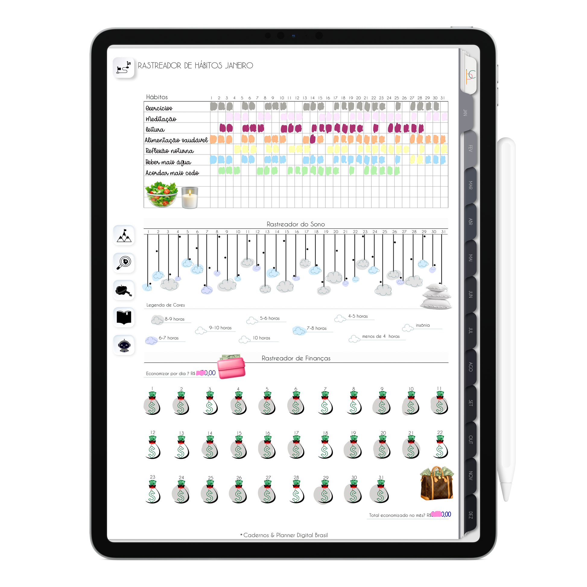 Planner rastreador de hábitos mensal, rastreador do sono e finanças do Planner Digital 2026 Executivo Vertical da Cadernos & Planner Digital Brasil visualizada em um iPad ou Tablet Android, compatível com GoodNotes e Notein.