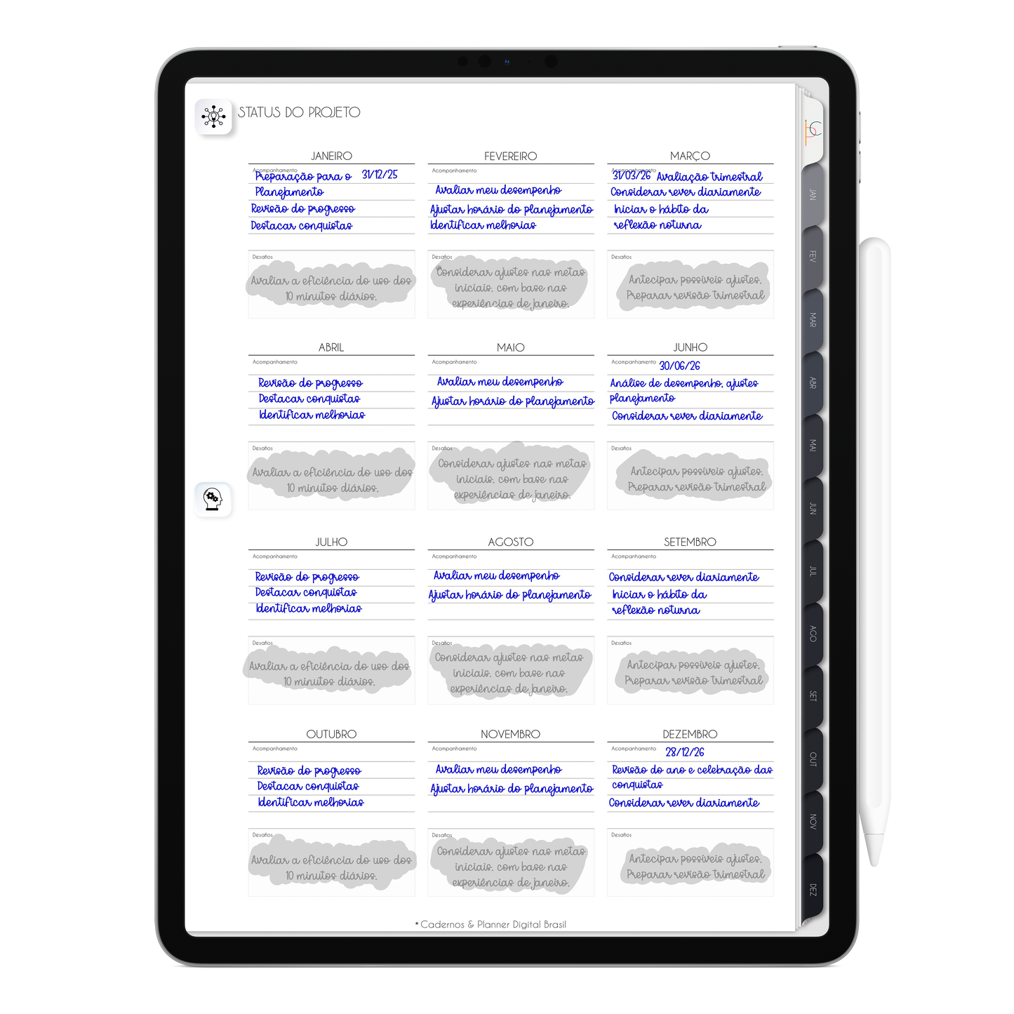 Status do Projeto do Planner Digital 2026 Executivo Vertical da Cadernos & Planner Digital Brasil visualizada em um iPad ou Tablet Android, compatível com GoodNotes e Notein.