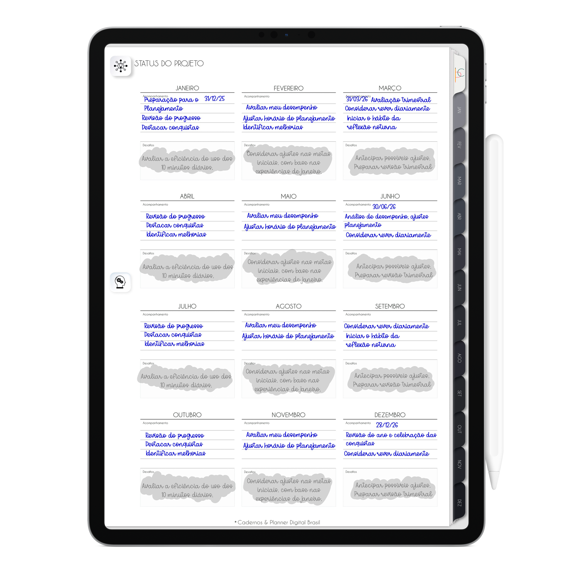 Status do Projeto do Planner Digital 2026 Executivo Vertical da Cadernos & Planner Digital Brasil visualizada em um iPad ou Tablet Android, compatível com GoodNotes e Notein.