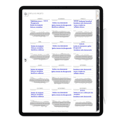 Status do Projeto do Planner Digital 2026 Executivo Vertical da Cadernos & Planner Digital Brasil visualizada em um iPad ou Tablet Android, compatível com GoodNotes e Notein.