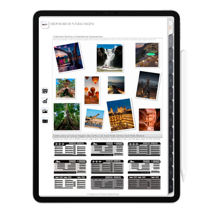 Vision Board de futuras viagens do Planner Digital 2026 Executivo Vertical da Cadernos & Planner Digital Brasil visualizada em um iPad ou Tablet Android, compatível com GoodNotes e Notein.