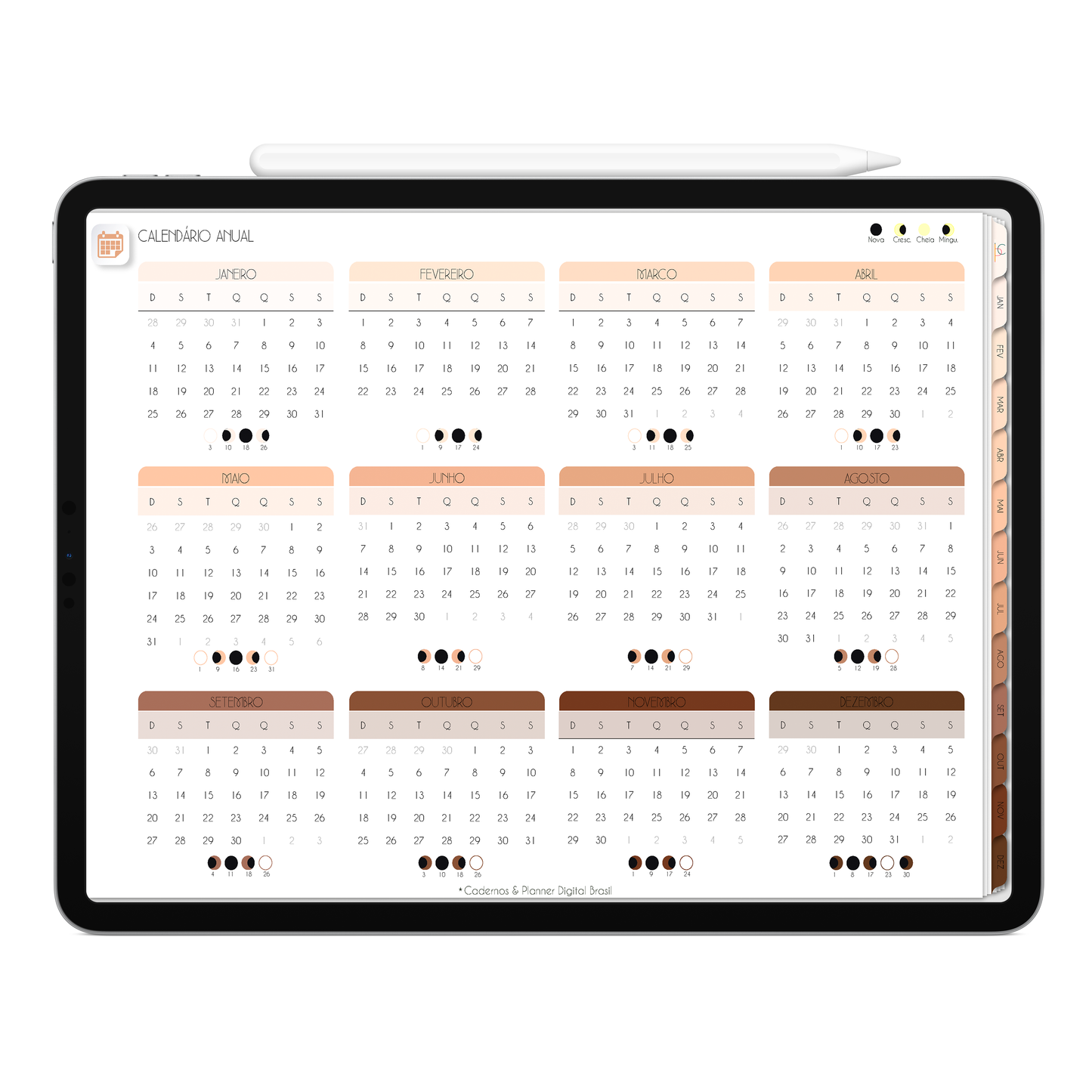 Página Calendário Anual e Lunar do Planner Digital 2026 Minimal Universe Horizontal da Cadernos & Planner Digital Brasil visualizada em um iPad ou Tablet Android, compatível com GoodNotes e Notein.