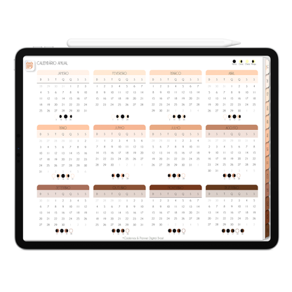 Página Calendário Anual e Lunar do Planner Digital 2026 Minimal Universe Horizontal da Cadernos & Planner Digital Brasil visualizada em um iPad ou Tablet Android, compatível com GoodNotes e Notein.