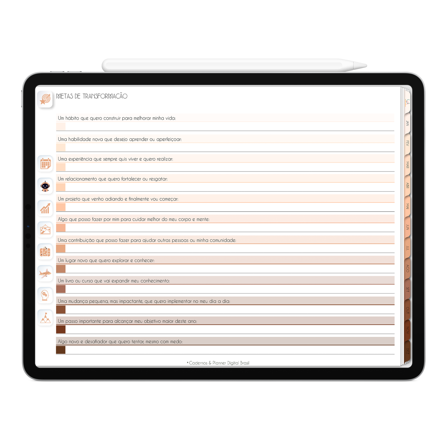 Metas de transformação para 2026 do Planner Digital 2026 Minimal Universe Horizontal da Cadernos & Planner Digital Brasil visualizada em um iPad ou Tablet Android, compatível com GoodNotes e Notein.