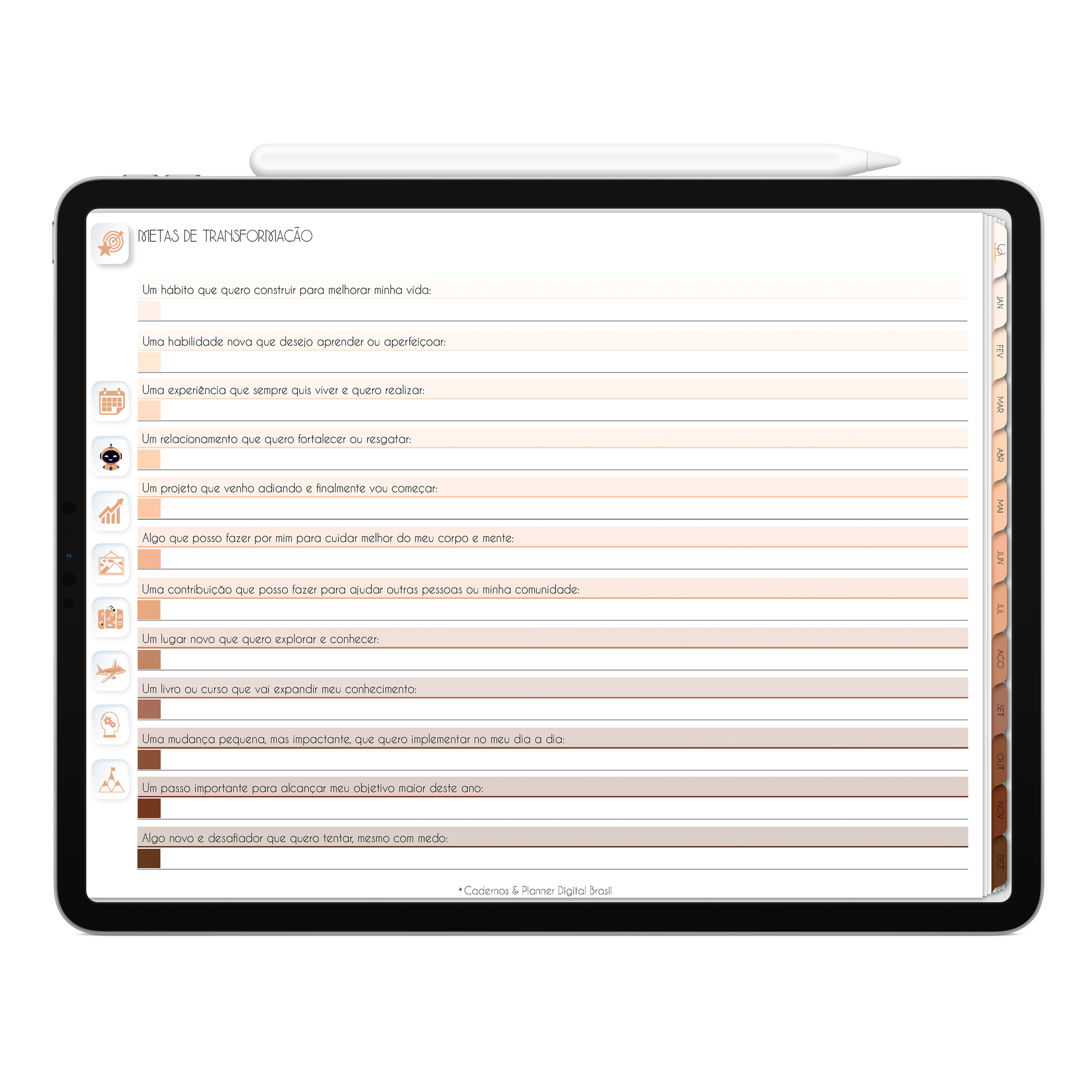 Metas de transformação para 2026 do Planner Digital 2026 Minimal Universe Horizontal da Cadernos & Planner Digital Brasil visualizada em um iPad ou Tablet Android, compatível com GoodNotes e Notein.