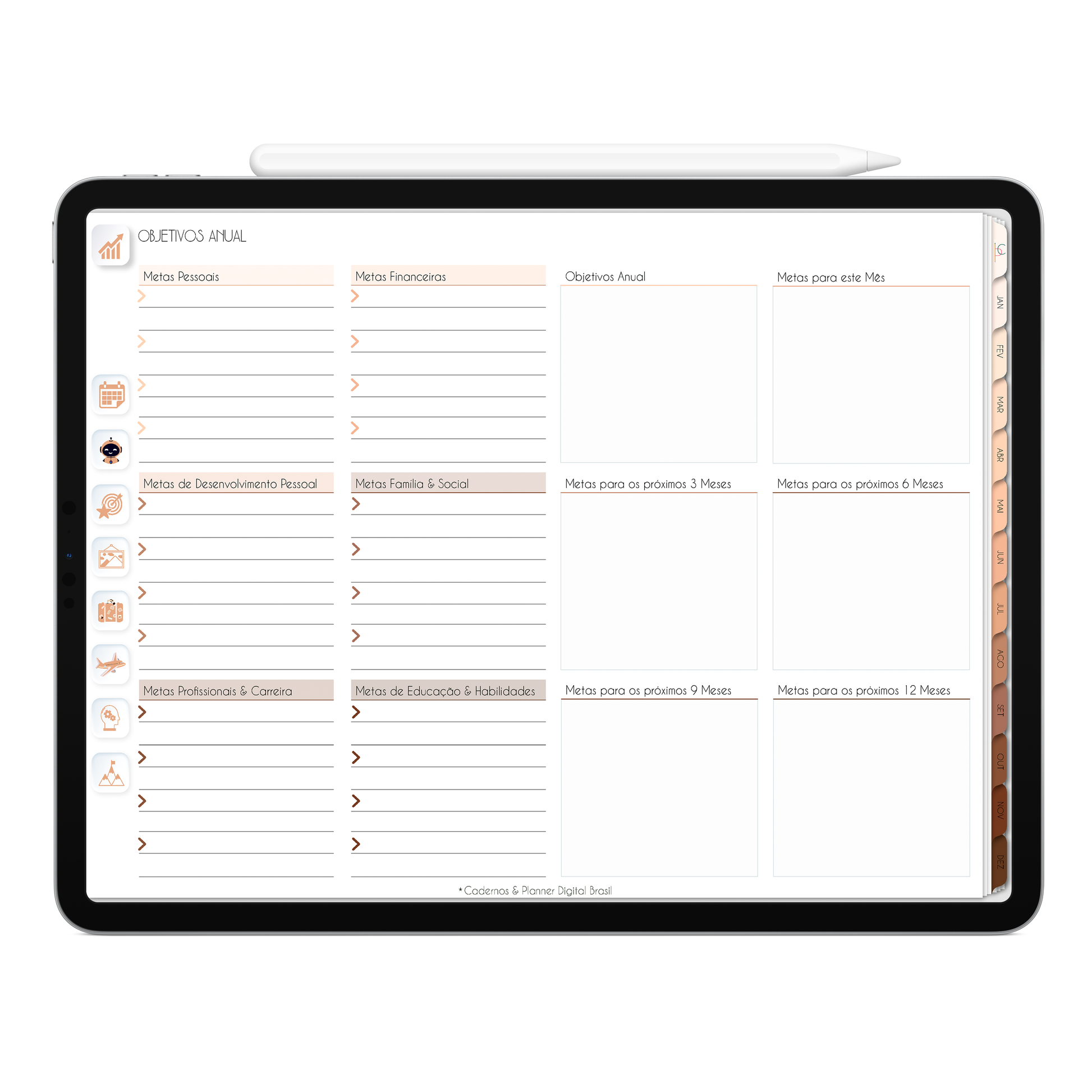 Página Objetivos Anual com seção para definir metas das áreas da vida do Planner Digital 2026 Minimal Universe Horizontal da Cadernos & Planner Digital Brasil visualizada em um iPad ou Tablet Android, compatível com GoodNotes e Notein.