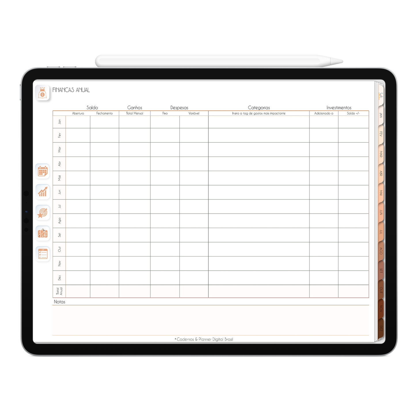 Planner Financeiro de finanças anual do Planner Digital 2026 Minimal Universe Horizontal da Cadernos & Planner Digital Brasil visualizada em um iPad ou Tablet Android, compatível com GoodNotes e Notein.
