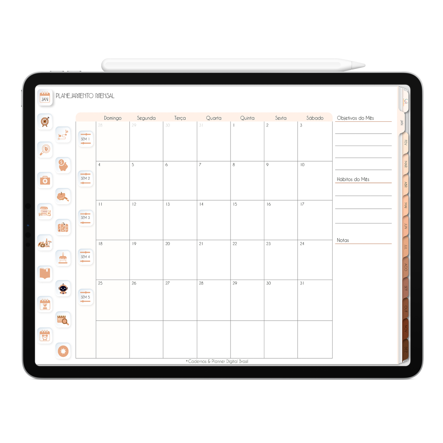 Planner Mensal, calendário mensal com botões e abas clicavéis do Planner Digital 2026 Minimal Universe Horizontal da Cadernos & Planner Digital Brasil visualizada em um iPad ou Tablet Android, compatível com GoodNotes e Notein.