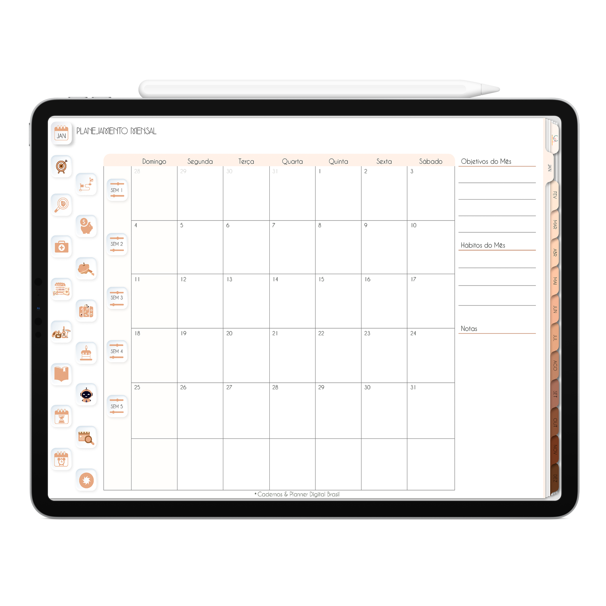 Planner Mensal, calendário mensal com botões e abas clicavéis do Planner Digital 2026 Minimal Universe Horizontal da Cadernos & Planner Digital Brasil visualizada em um iPad ou Tablet Android, compatível com GoodNotes e Notein.