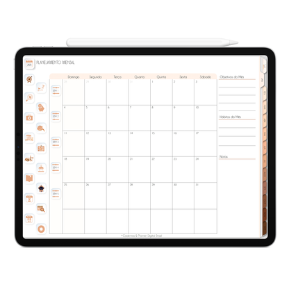 Planner Mensal, calendário mensal com botões e abas clicavéis do Planner Digital 2026 Minimal Universe Horizontal da Cadernos & Planner Digital Brasil visualizada em um iPad ou Tablet Android, compatível com GoodNotes e Notein.