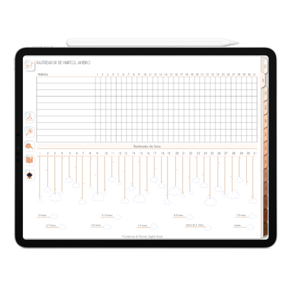 Planner rastreador de hábitos mensal, rastreador do sono e finanças do Planner Digital 2026 Minimal Universe Horizontal da Cadernos & Planner Digital Brasil visualizada em um iPad ou Tablet Android, compatível com GoodNotes e Notein.