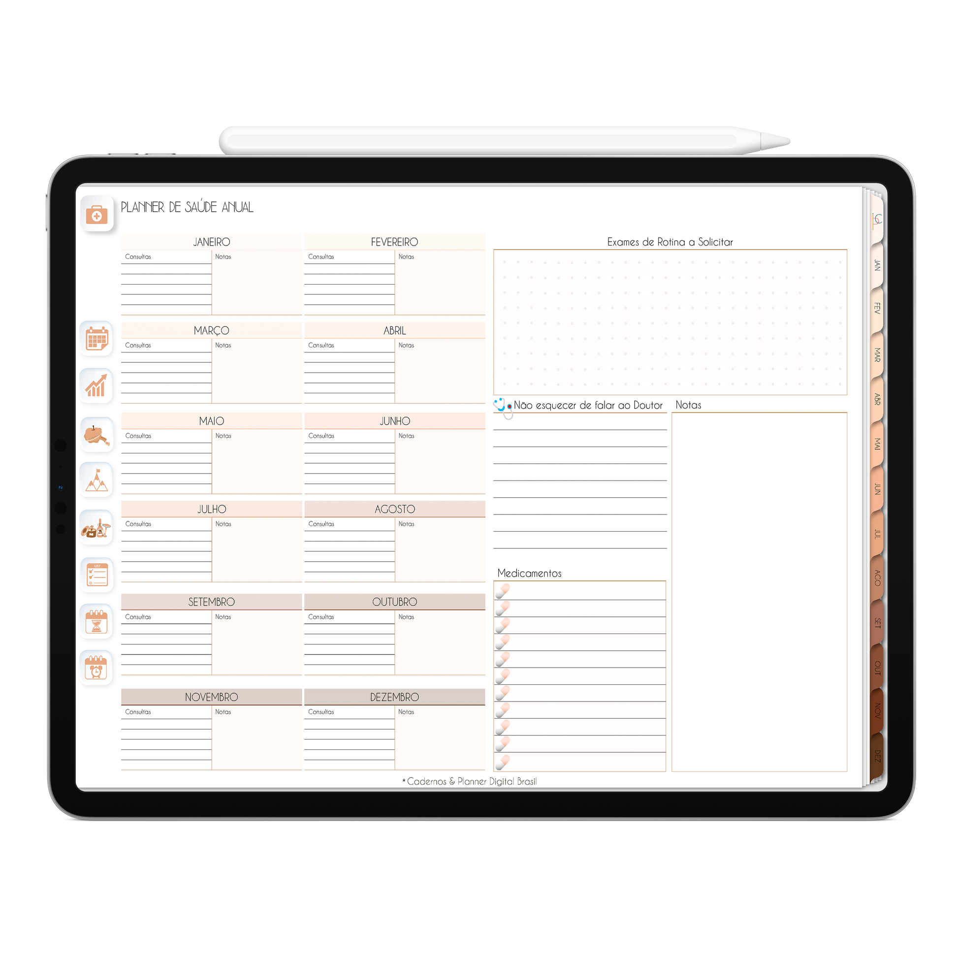 Planner de Saúde Anual do Planner Digital 2026 Minimal Universe Horizontal da Cadernos & Planner Digital Brasil visualizada em um iPad ou Tablet Android, compatível com GoodNotes e Notein.