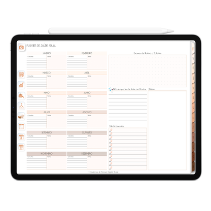 Planner de Saúde Anual do Planner Digital 2026 Minimal Universe Horizontal da Cadernos & Planner Digital Brasil visualizada em um iPad ou Tablet Android, compatível com GoodNotes e Notein.