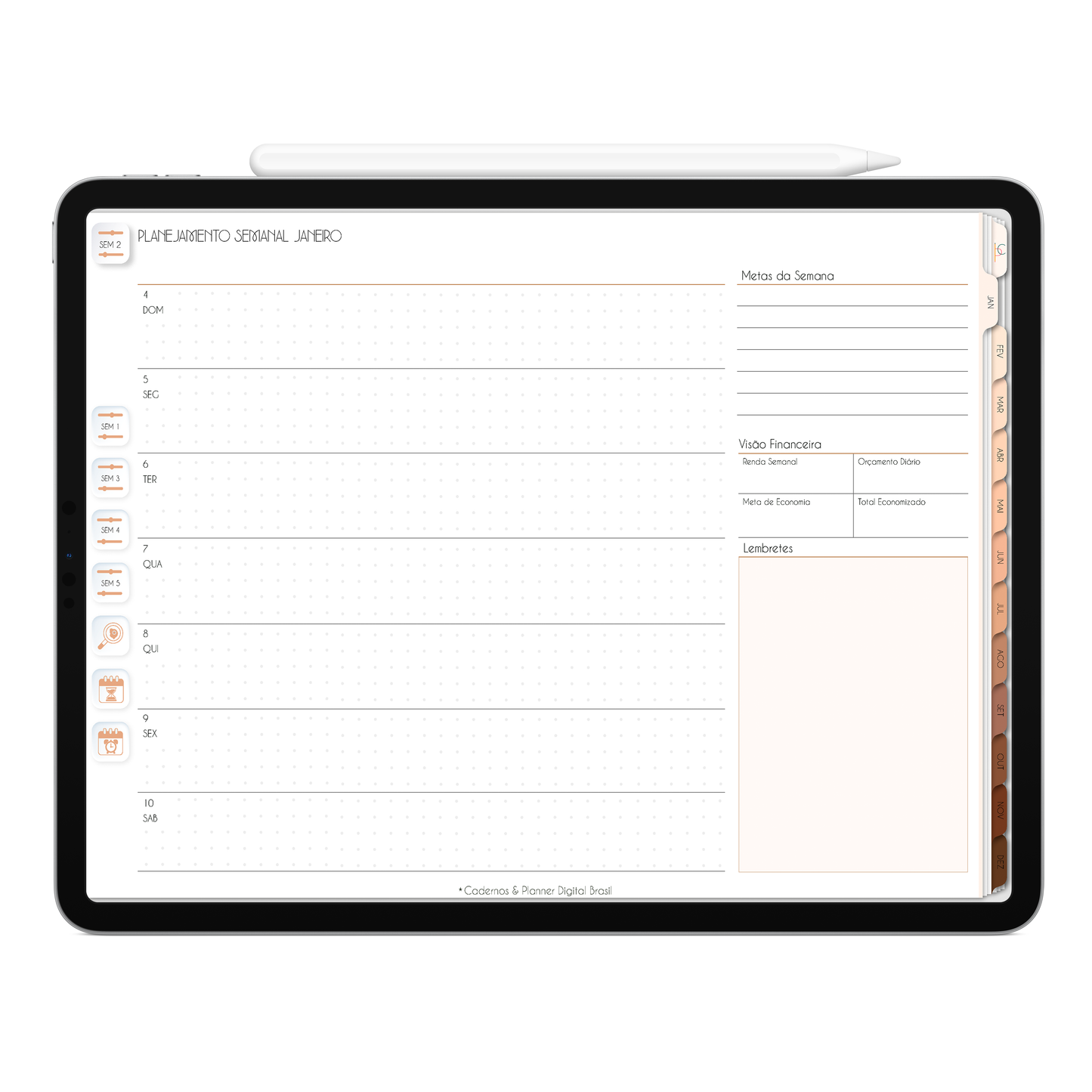 Planner Semanal com Apple calendar e Google agenda do Planner Digital 2026 Minimal Universe Horizontal da Cadernos & Planner Digital Brasil visualizada em um iPad ou Tablet Android, compatível com GoodNotes e Notein.