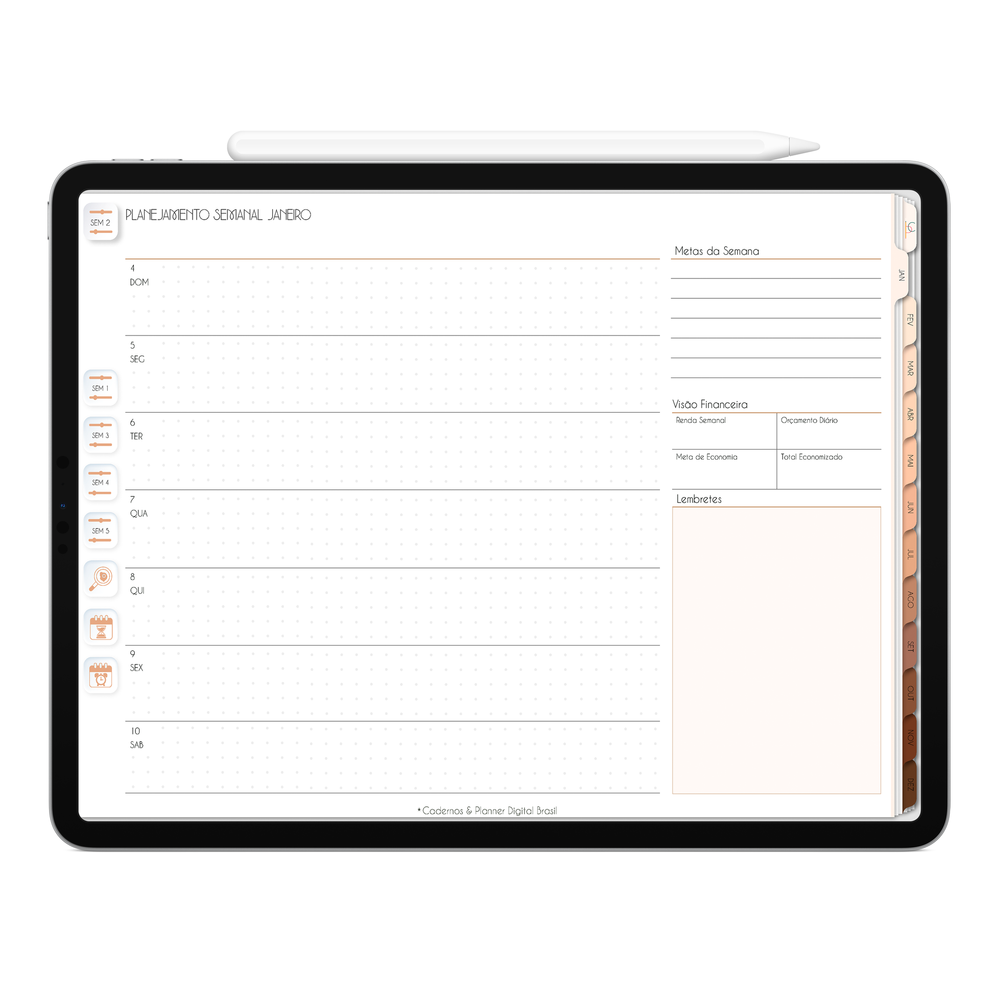 Planner Semanal com Apple calendar e Google agenda do Planner Digital 2026 Minimal Universe Horizontal da Cadernos & Planner Digital Brasil visualizada em um iPad ou Tablet Android, compatível com GoodNotes e Notein.