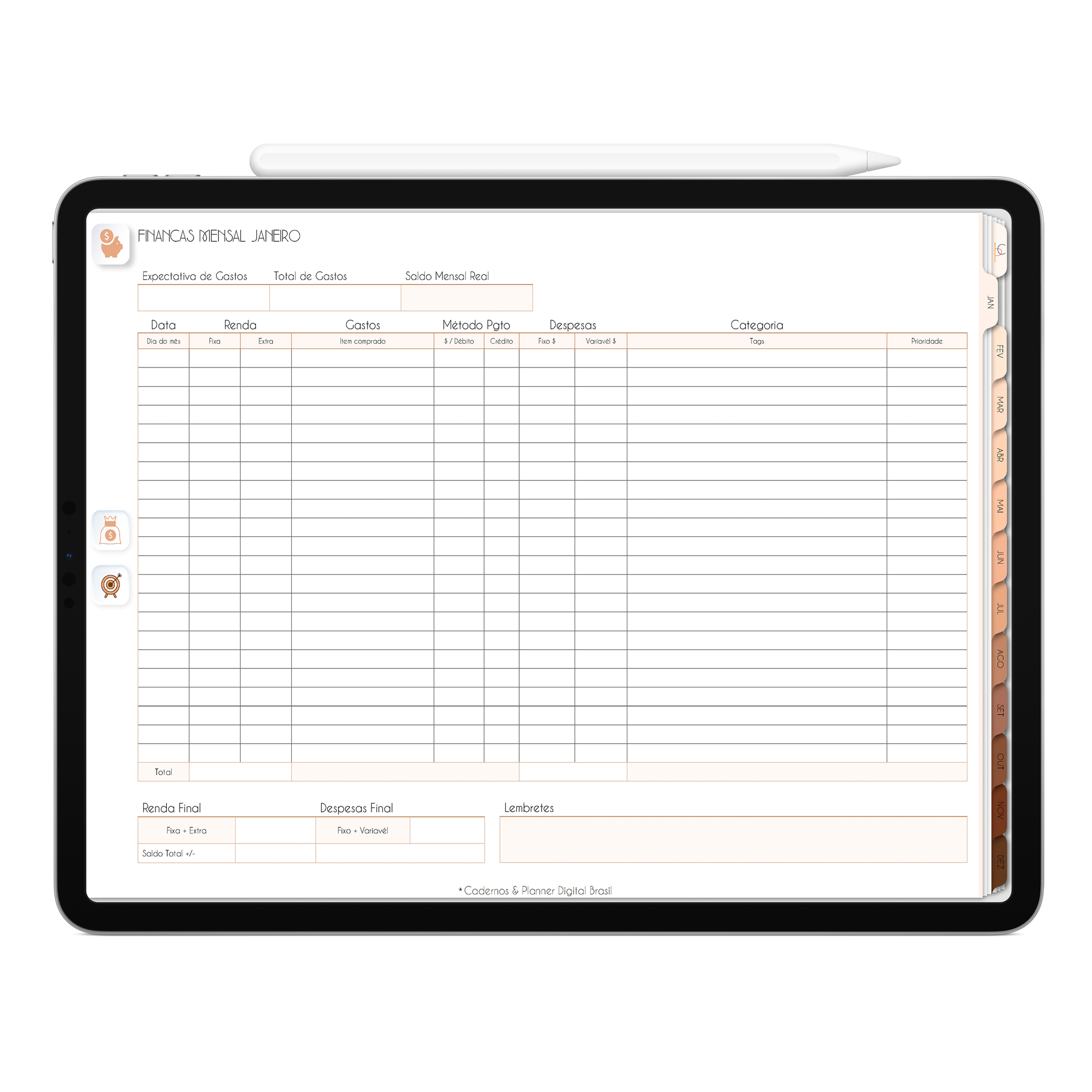 Planner Financeiro mensal, controle das finanças no Planner Digital 2026 Minimal Universe Horizontal da Cadernos & Planner Digital Brasil visualizada em um iPad ou Tablet Android, compatível com GoodNotes e Notein.