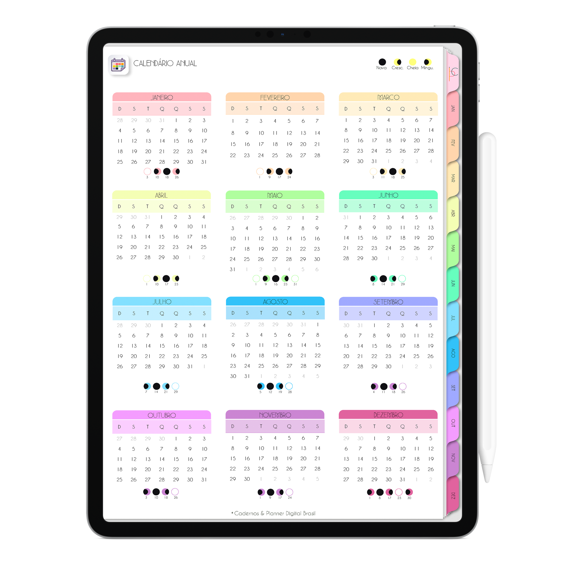 Página Calendário Anual e Lunar do Planner Digital 2026 Life In Colors Vertical da Cadernos & Planner Digital Brasil visualizada em um iPad ou Tablet Android, compatível com GoodNotes e Notein.