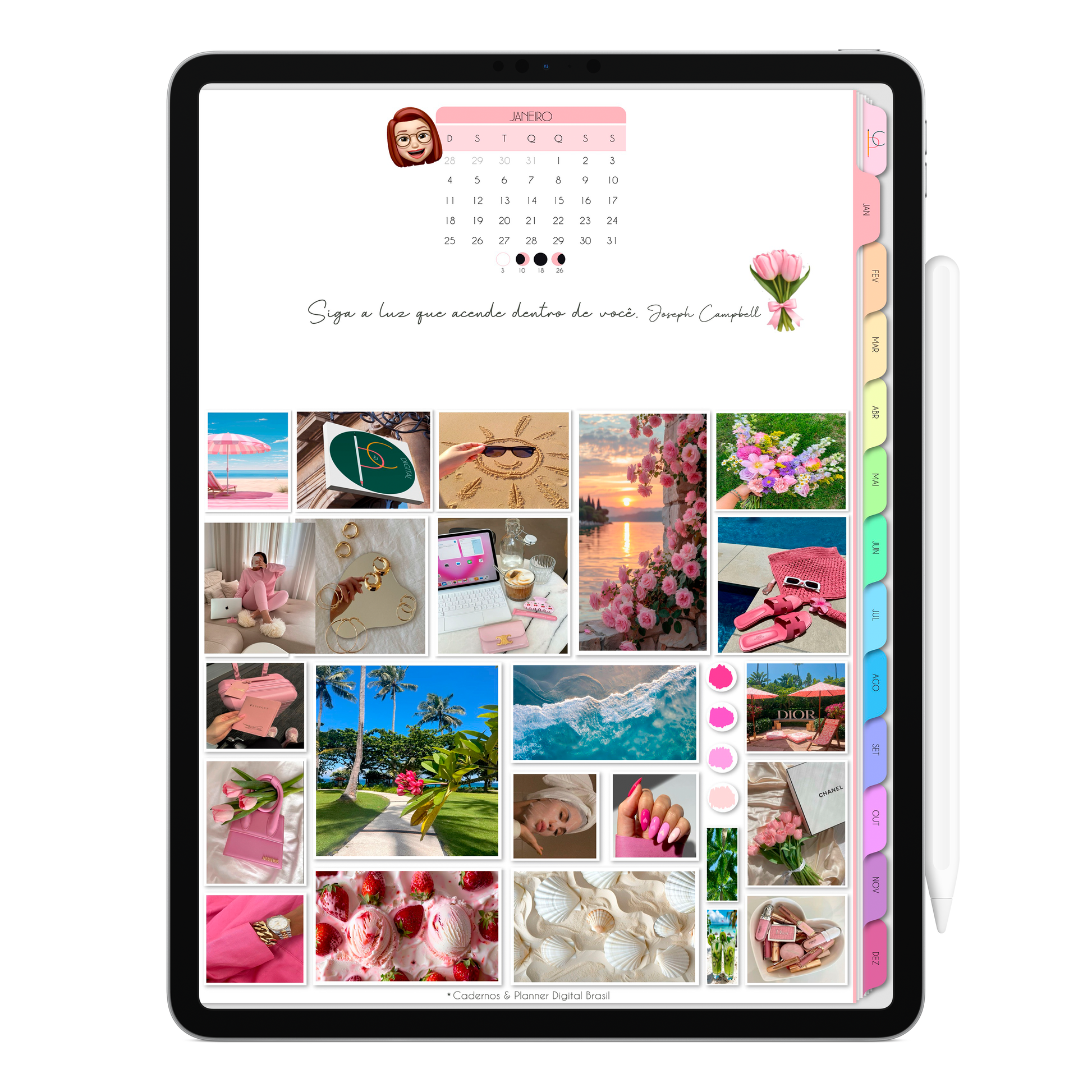 Capa e Moodboard do mês do Planner Digital 2026 Life In Colors Vertical da Cadernos & Planner Digital Brasil visualizada em um iPad ou Tablet Android, compatível com GoodNotes e Notein.