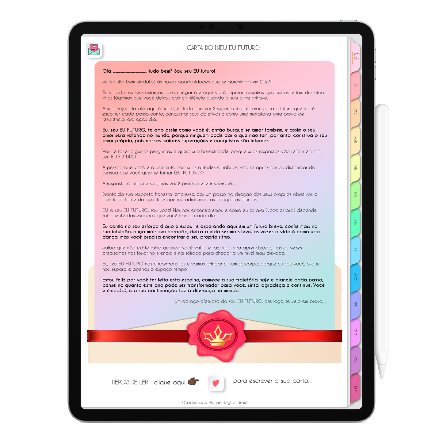 Carta do Seu Eu Futuro do Planner Digital 2026 Life In Colors Vertical da Cadernos & Planner Digital Brasil visualizada em um iPad ou Tablet Android, compatível com GoodNotes e Notein.