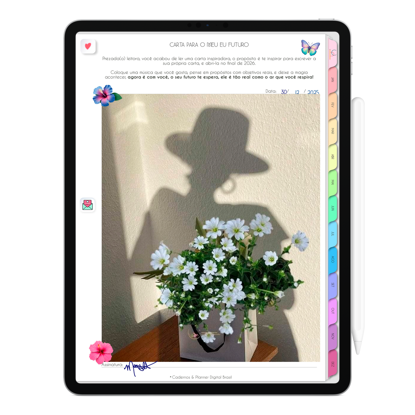 Carta para meu eu do futuro do Planner Digital 2026 Life In Colors Vertical da Cadernos & Planner Digital Brasil visualizada em um iPad ou Tablet Android, compatível com GoodNotes e Notein.