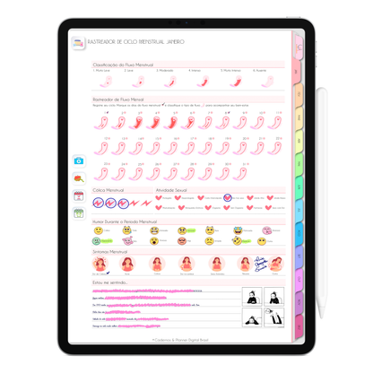 Controle ciclo menstrual e rastreador de humor do Planner Digital 2026 Life In Colors Vertical da Cadernos & Planner Digital Brasil visualizada em um iPad ou Tablet Android, compatível com GoodNotes e Notein.