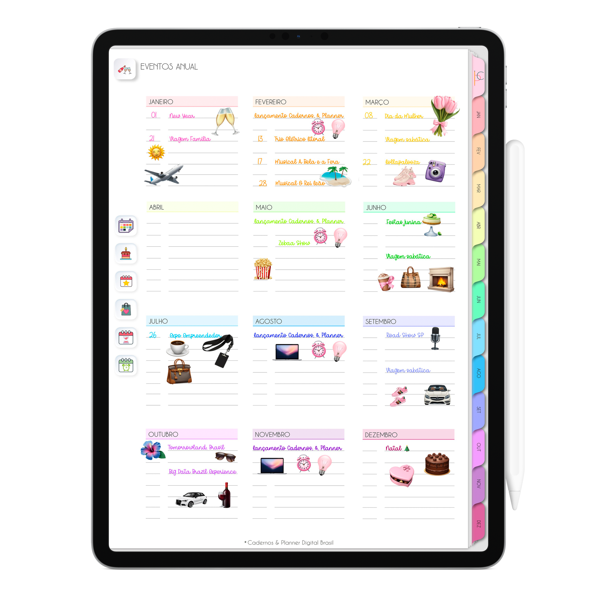 Planejamento de Eventos Anual do Planner Digital 2026 Life In Colors Vertical da Cadernos & Planner Digital Brasil visualizada em um iPad ou Tablet Android, compatível com GoodNotes e Notein.
