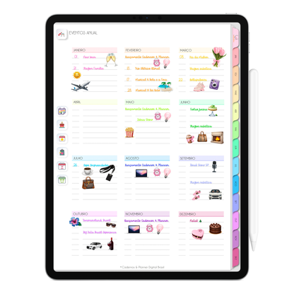 Planejamento de Eventos Anual do Planner Digital 2026 Life In Colors Vertical da Cadernos & Planner Digital Brasil visualizada em um iPad ou Tablet Android, compatível com GoodNotes e Notein.