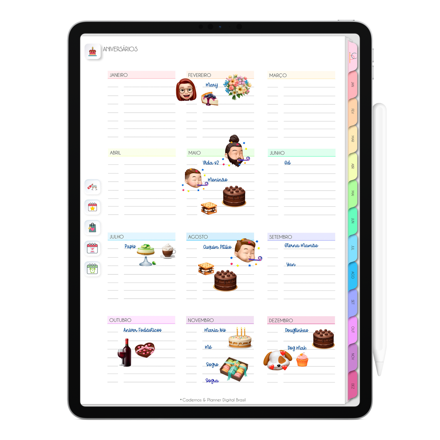 Planejamento de aniversários do Planner Digital 2026 Life In Colors Vertical da Cadernos & Planner Digital Brasil visualizada em um iPad ou Tablet Android, compatível com GoodNotes e Notein.