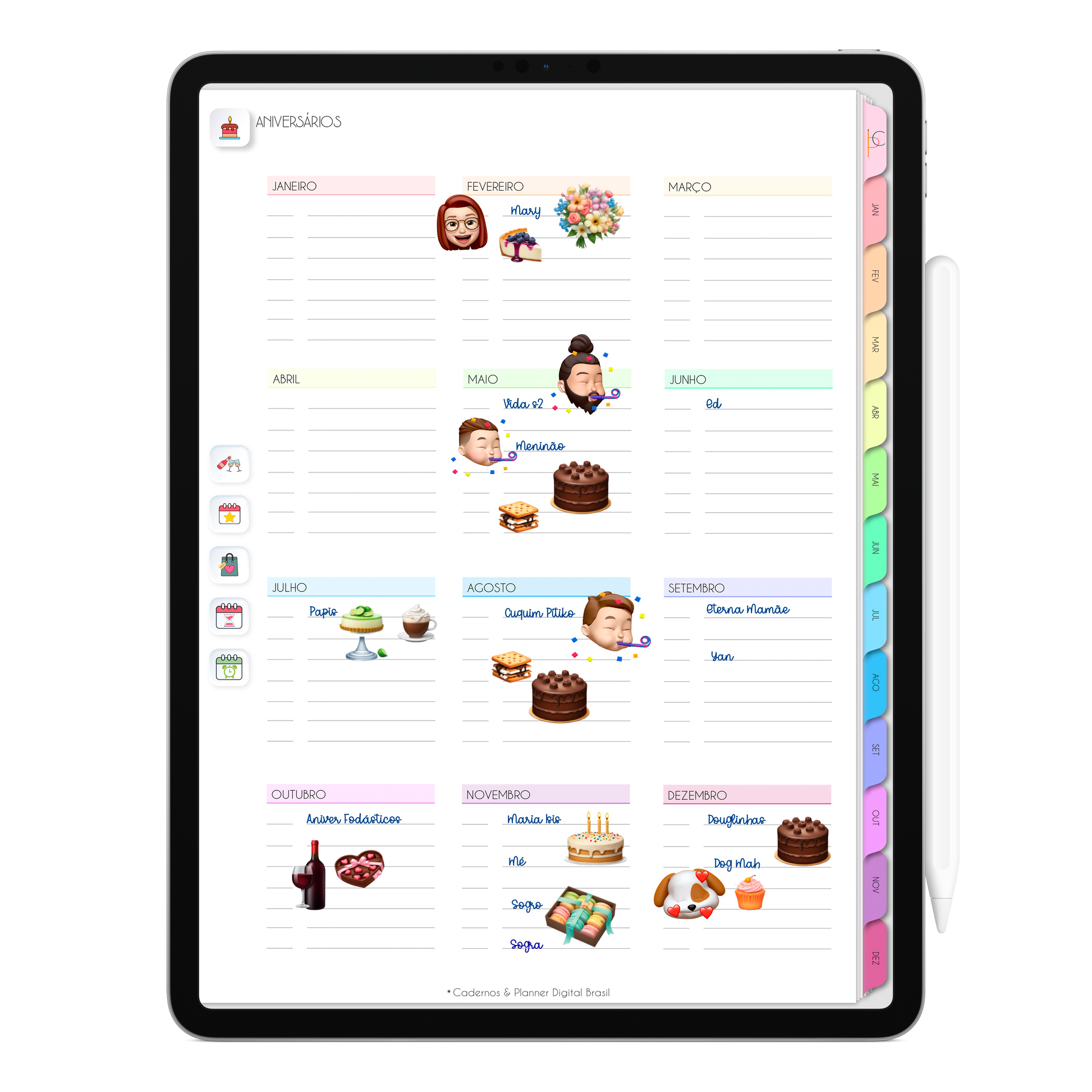 Planejamento de aniversários do Planner Digital 2026 Life In Colors Vertical da Cadernos & Planner Digital Brasil visualizada em um iPad ou Tablet Android, compatível com GoodNotes e Notein.
