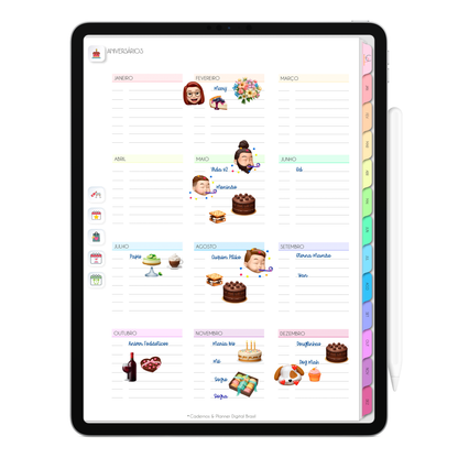 Planejamento de aniversários do Planner Digital 2026 Life In Colors Vertical da Cadernos & Planner Digital Brasil visualizada em um iPad ou Tablet Android, compatível com GoodNotes e Notein.